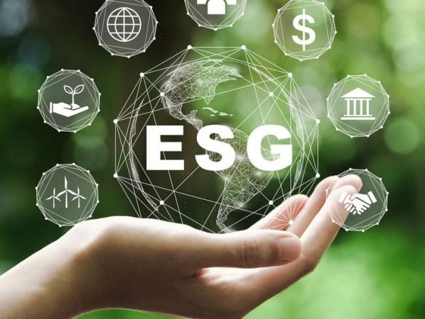 ESG icon concept in the hand for environmental, social, and governance in sustainable and ethical business on the Network connection on a green background.